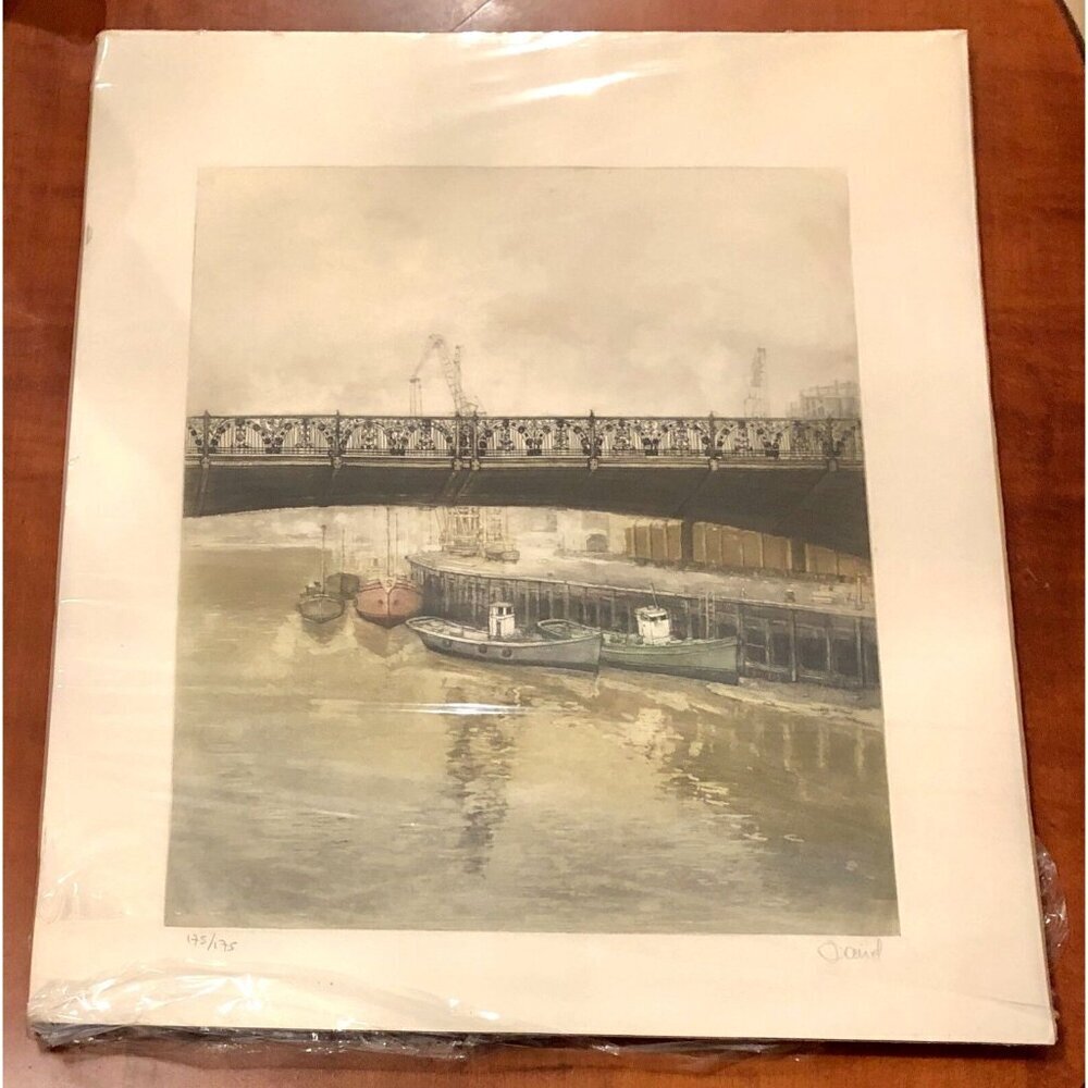 VTG 24"x20" Limited Edition Signed Numbered Art PRINT of River/Bridge by DAVID
